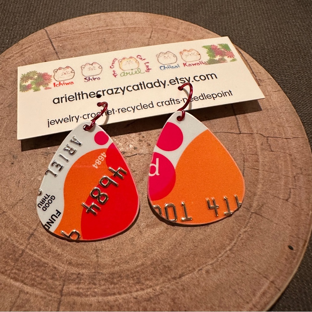Orange and Red Recycled Credit Card Earrings New